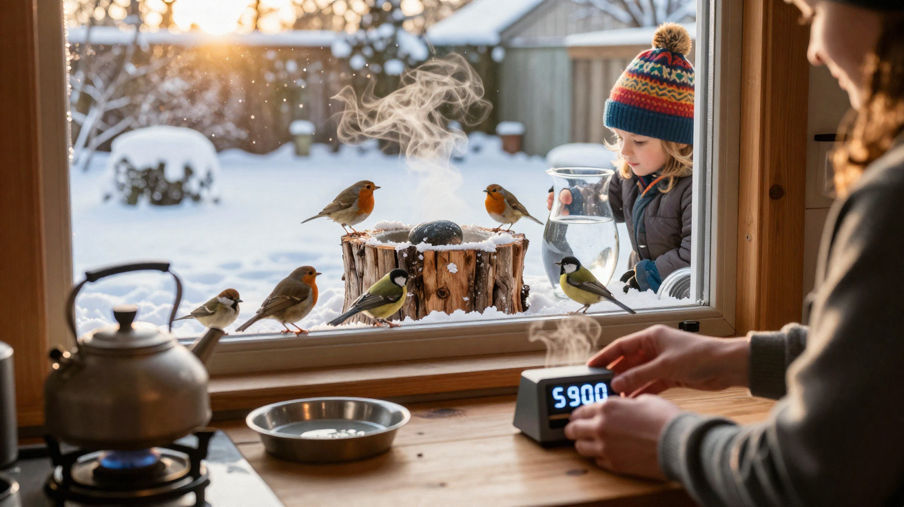 Steam rises from a teapot and clock indoors as birds and a child watch from a snowy window ledge outdoors.