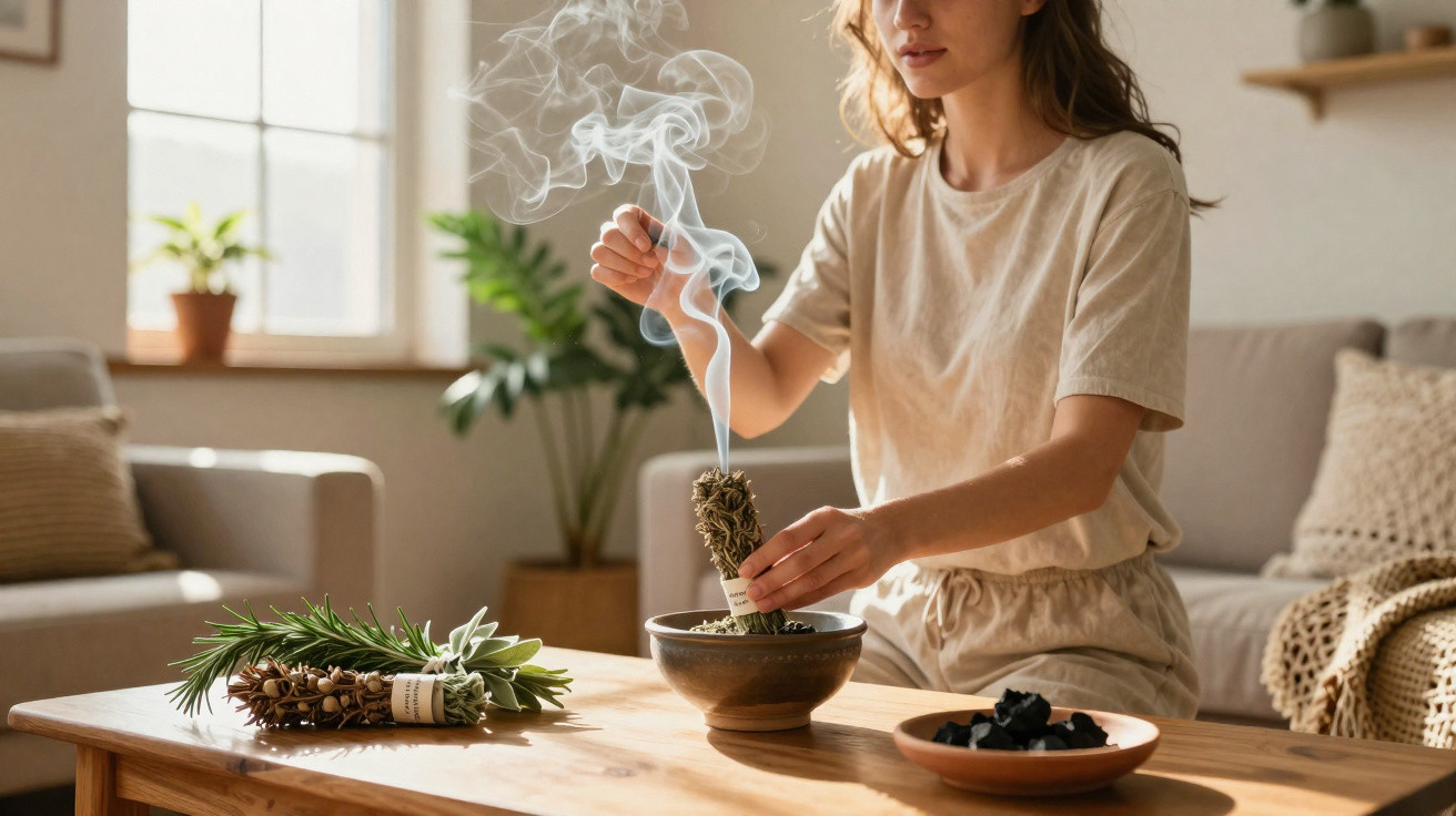 Woman burning a smudge stick on a bowl with smoke rising, sitting at a wooden table in a cosy living room.