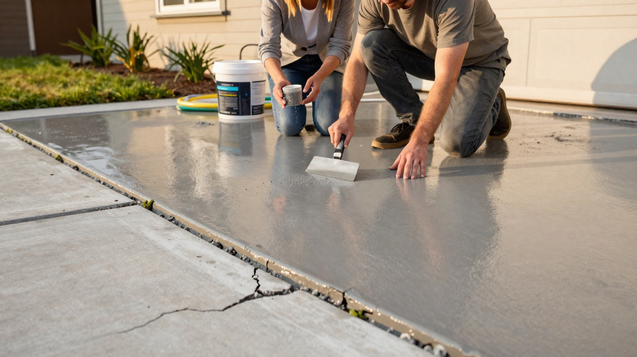 Two people smoothing wet concrete on a driveway in front of a house during daylight.