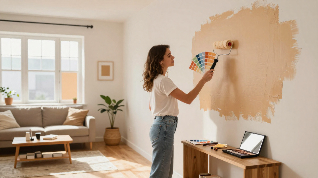Woman holding paint swatches and roller, testing beige paint on a living room wall next to wooden console table.