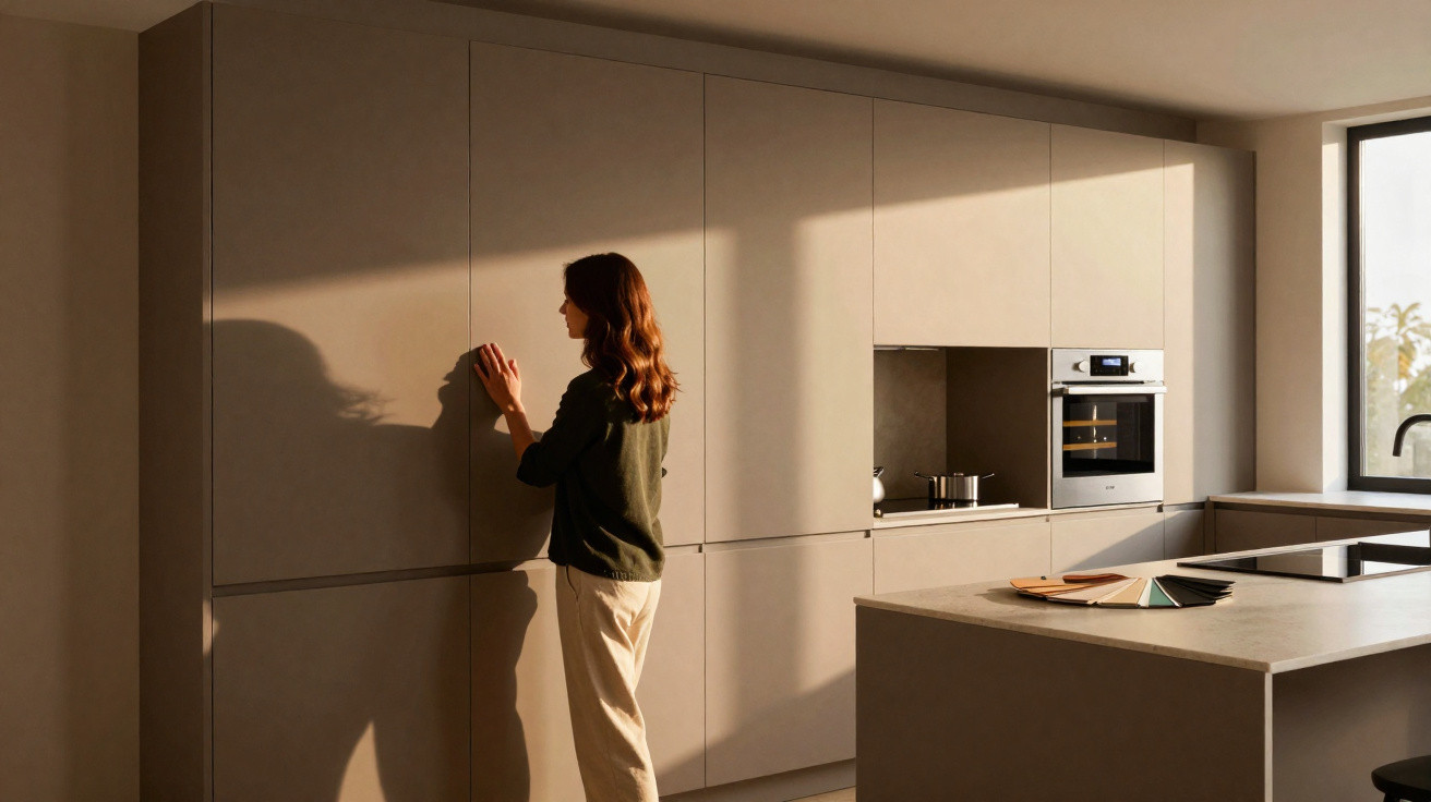 Woman in casual clothes opening a cabinet in a modern kitchen lit by warm sunlight.