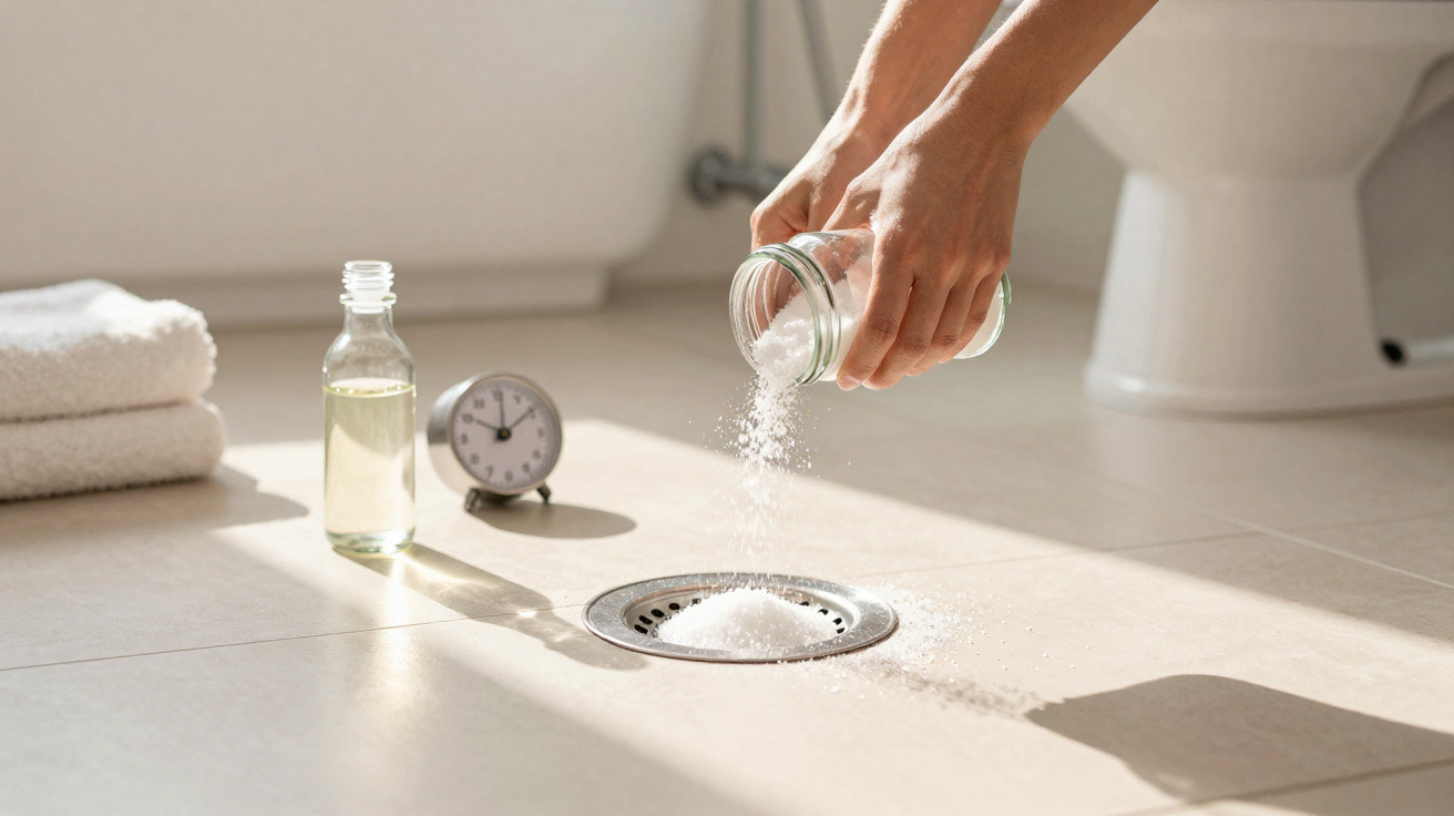 Person pouring white powder into a bathroom floor drain with a towel, bottle, and clock nearby.