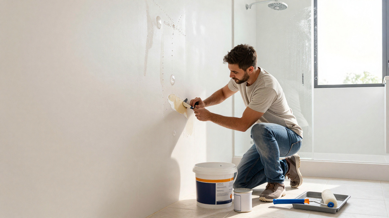 Man repairing wall holes with plaster in a bright bathroom with painting supplies on the floor.