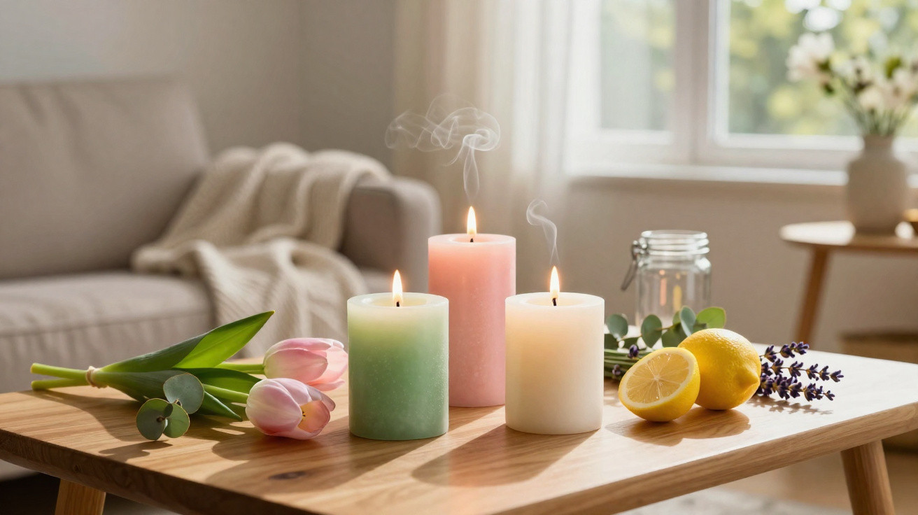 Three lit scented candles, tulips, lemon halves, and lavender on a wooden coffee table in a cosy living room.