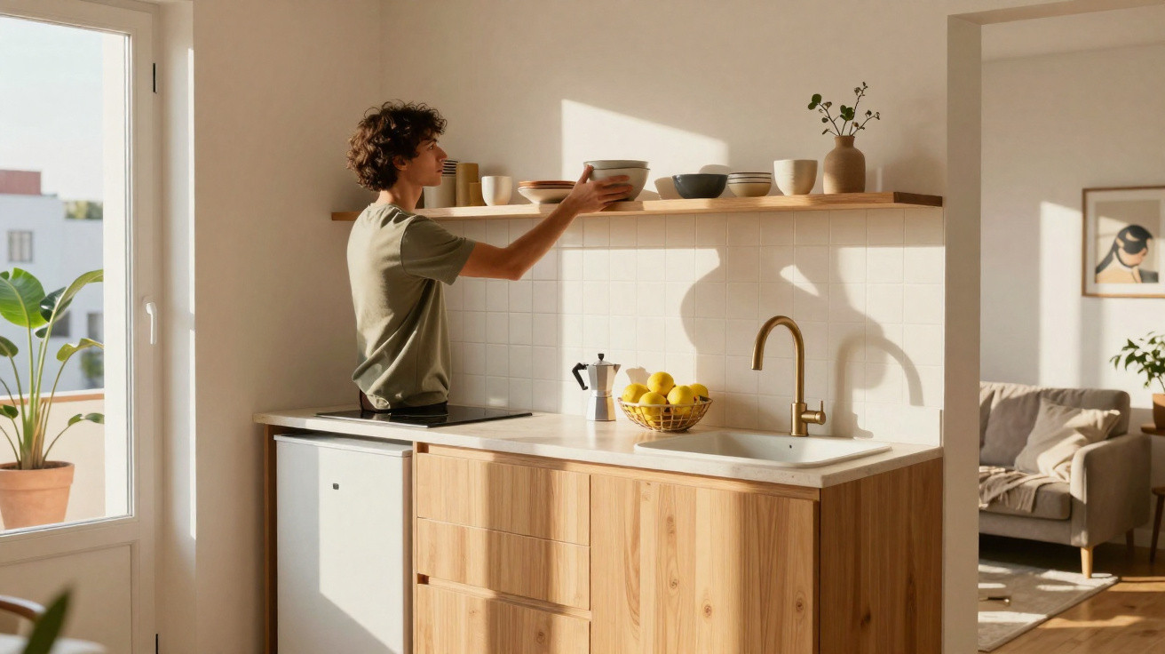 Person reaching for a bowl on a kitchen shelf in a modern, sunlit wooden kitchen.