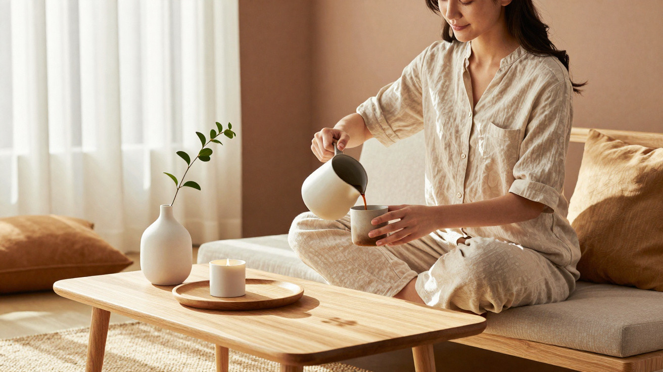 Woman in beige loungewear pouring tea into a cup, sitting cross-legged on a sofa in a softly lit living room.