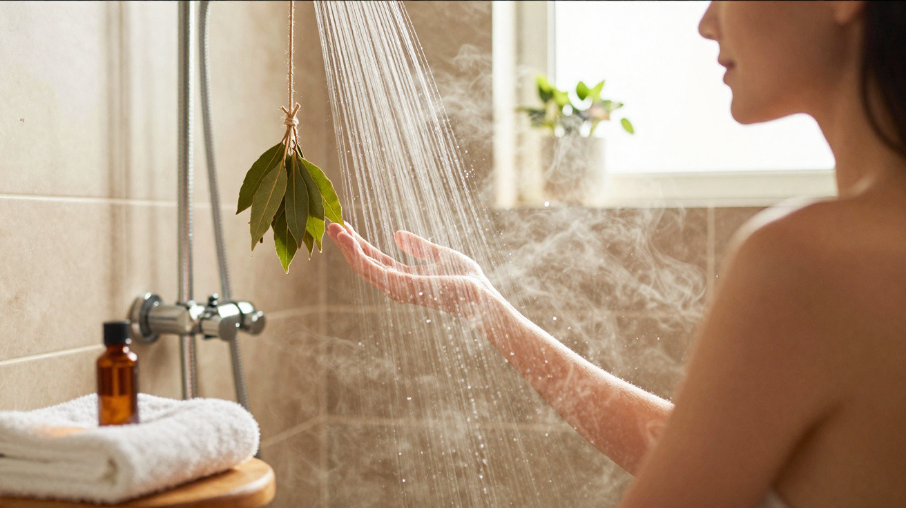 Woman holding hand under warm shower with bay leaves hanging nearby in a steamy bathroom.