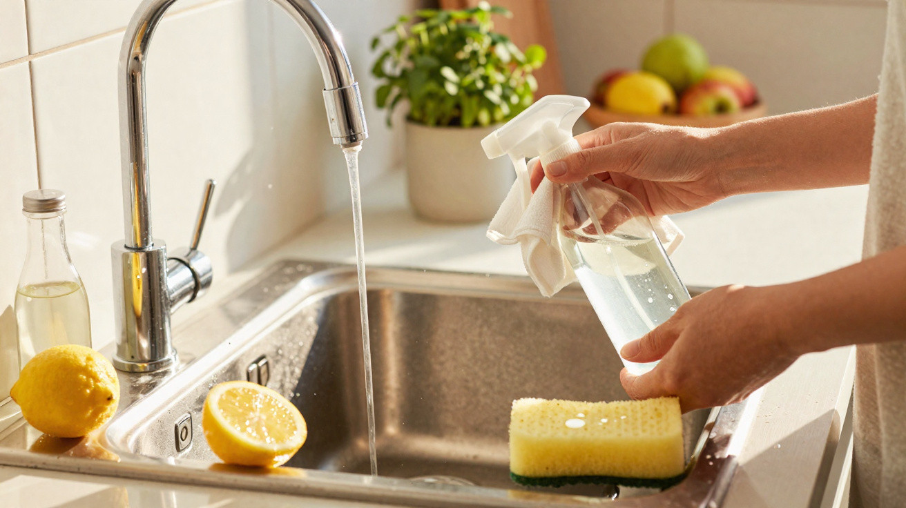 Person holding a spray bottle and cloth by a kitchen sink with running water, sponge, and lemons nearby.