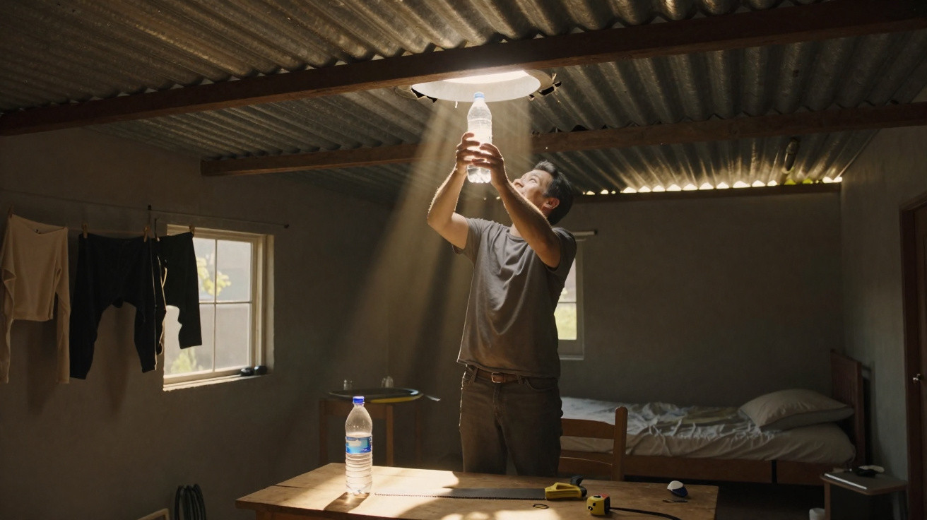 Man collecting sunlight through a roof solar tube inside a simple room with a wooden table and bed.