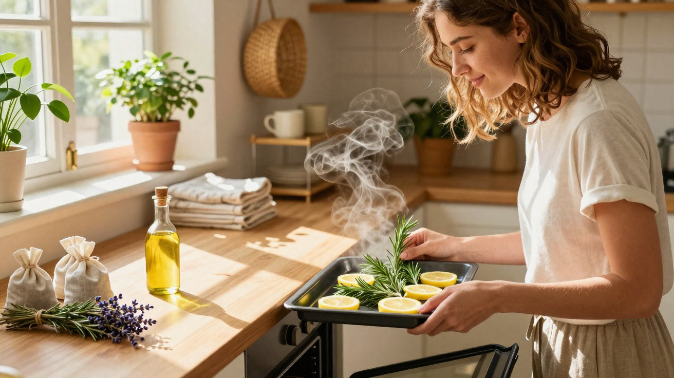 Woman placing a tray of steaming lemon halves and herbs into a kitchen oven on a sunny day.