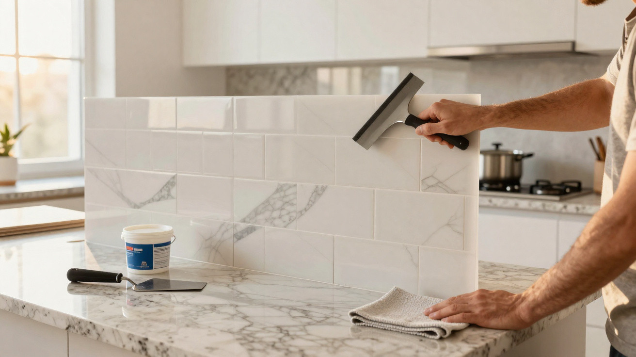 Person cleaning white marble-style ceramic tiles on a kitchen island with a squeegee and cloth.