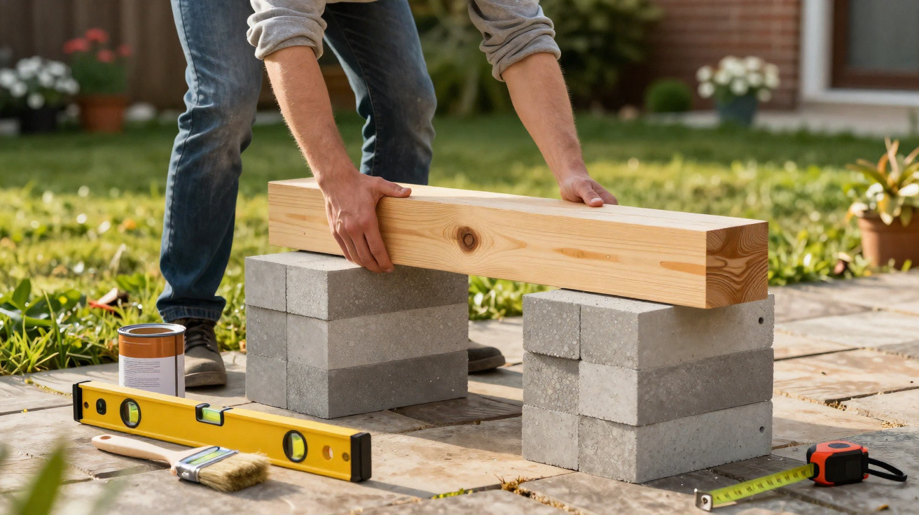 Person placing a wooden beam on stacked concrete blocks outdoors with tools nearby on paved ground.