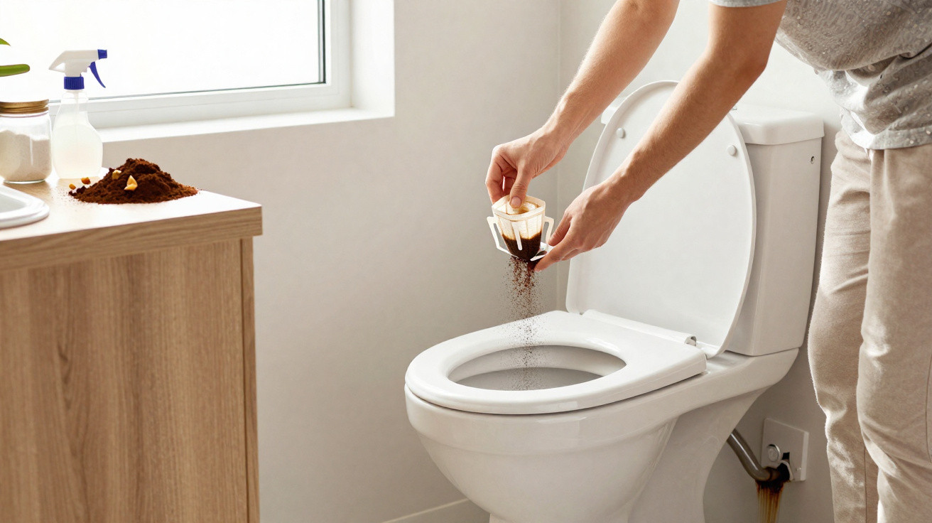 Person pouring coffee grounds into a white toilet bowl in a bright bathroom.