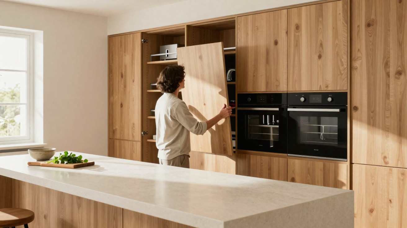 Person opening a wooden cupboard in a modern kitchen with integrated black oven and microwave.
