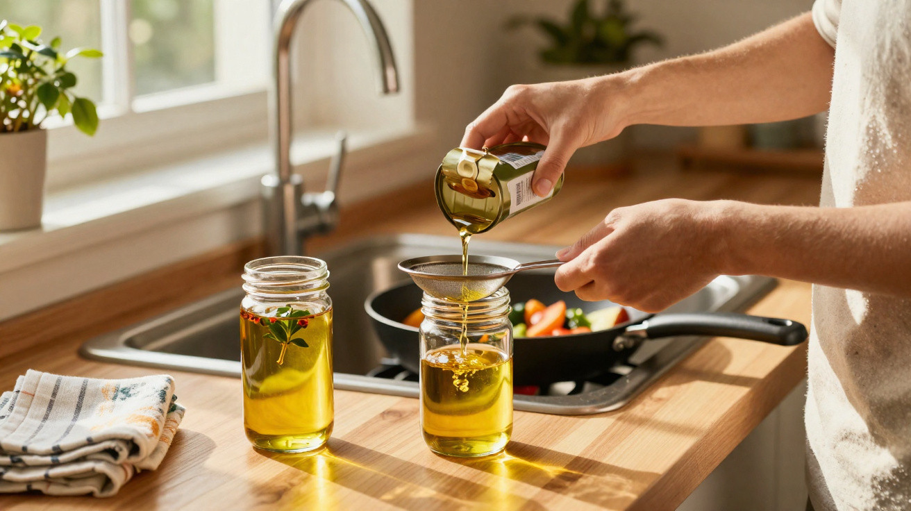 Person straining golden olive oil into a jar on a sunlit kitchen counter near a frying pan with vegetables.