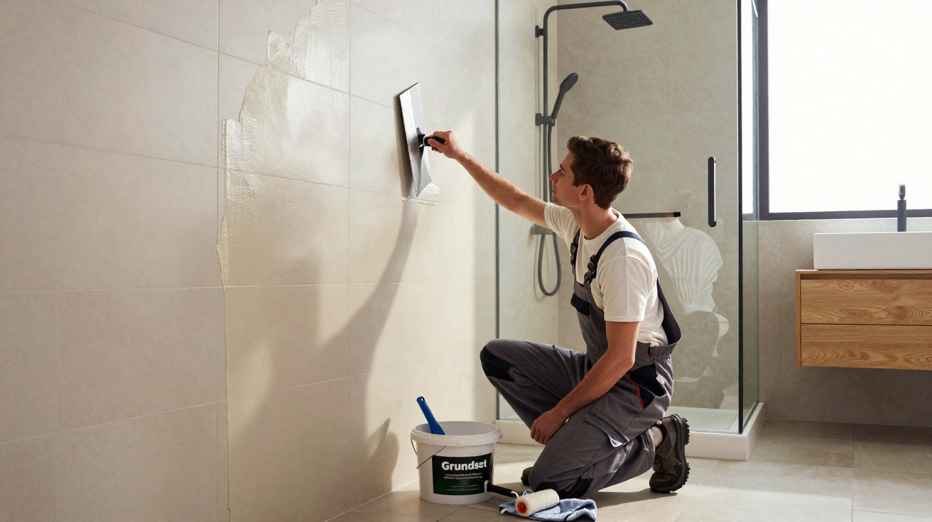 Man in overalls applying adhesive to beige bathroom tiles next to a bucket and cleaning cloth.