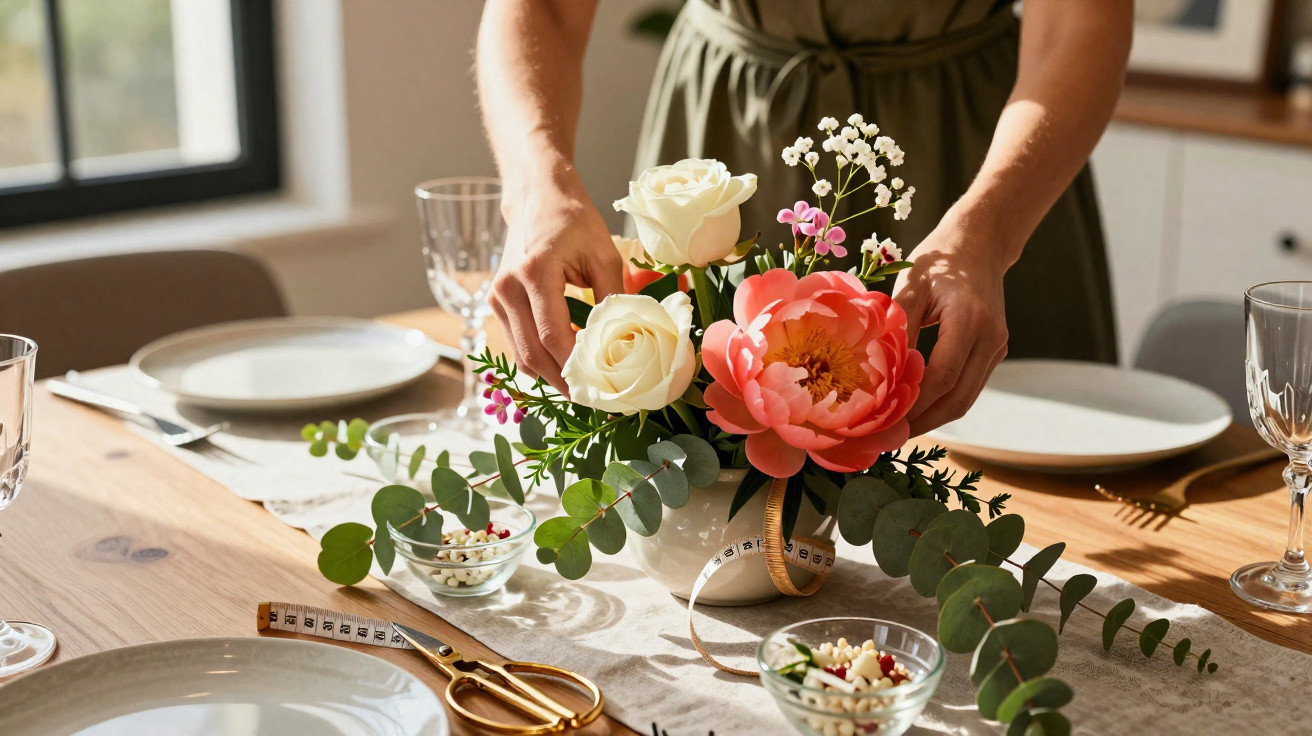 Person arranging floral centerpiece with roses and greenery on set dining table with plates and glasses.