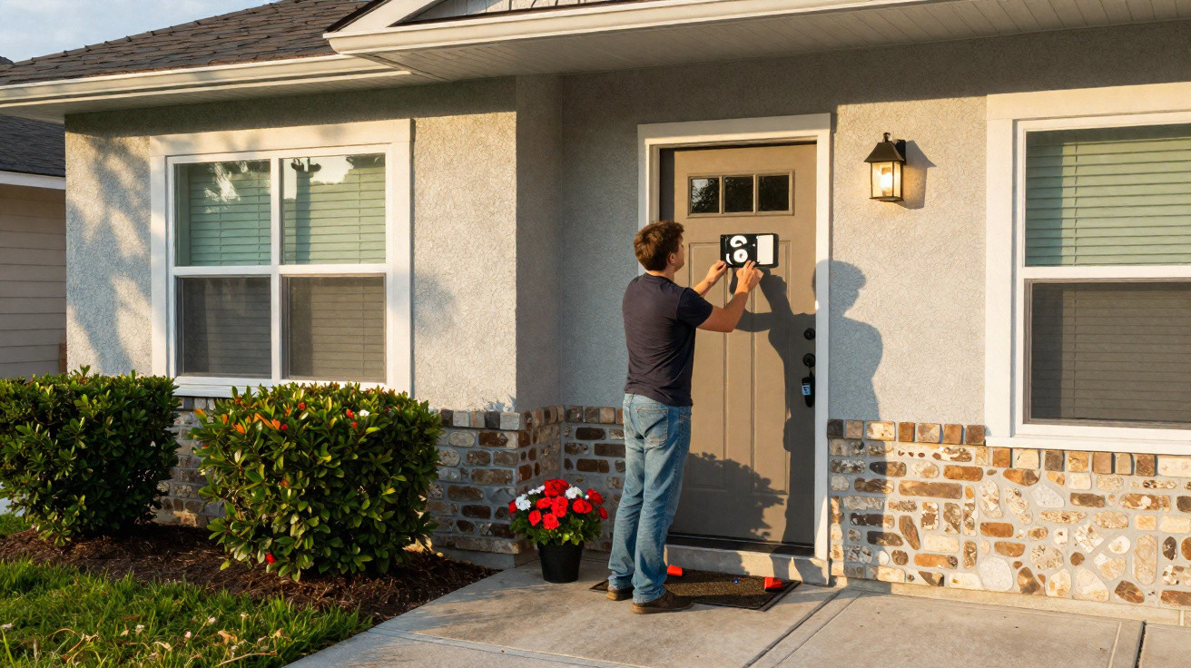 Man installing a black and white address number sign on the front door of a suburban house at sunset.