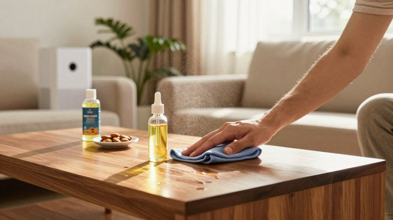 Person cleaning wooden coffee table with blue cloth and spray bottle in bright living room