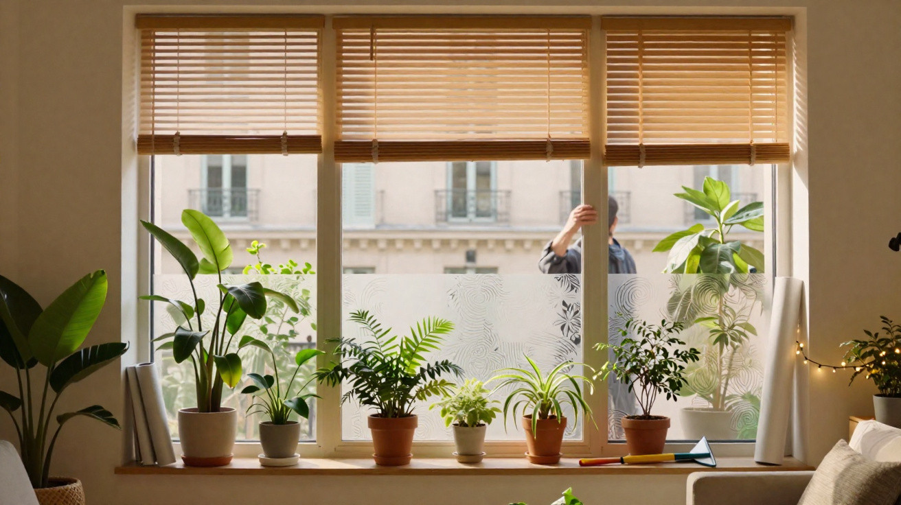 Indoor window sill with various potted plants and bamboo blinds, with a blurred person outside the window.
