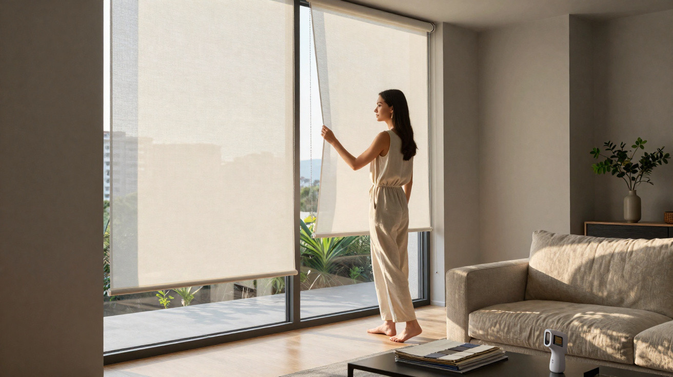 Woman adjusting a roller blind in a sunlit modern living room with a sofa and coffee table.