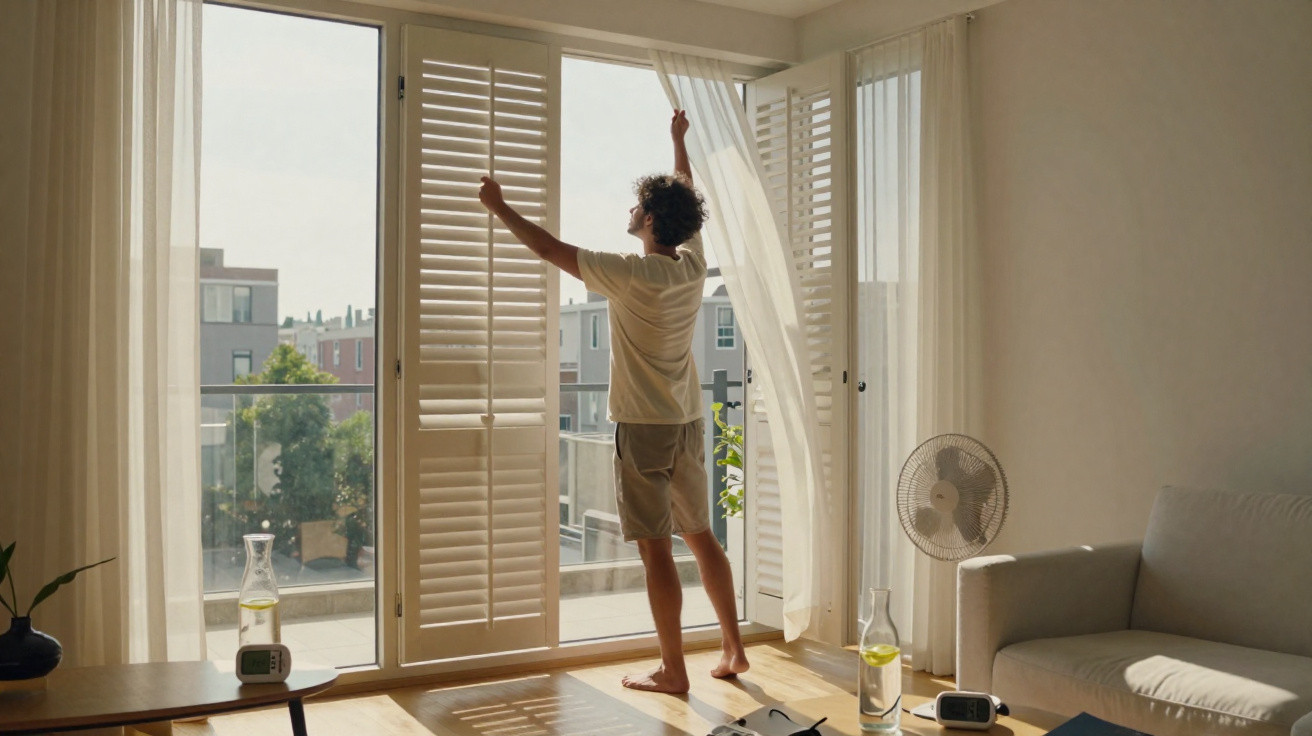 Person opening window shutters in a sunlit living room with a fan, sofa, and outdoor balcony view.