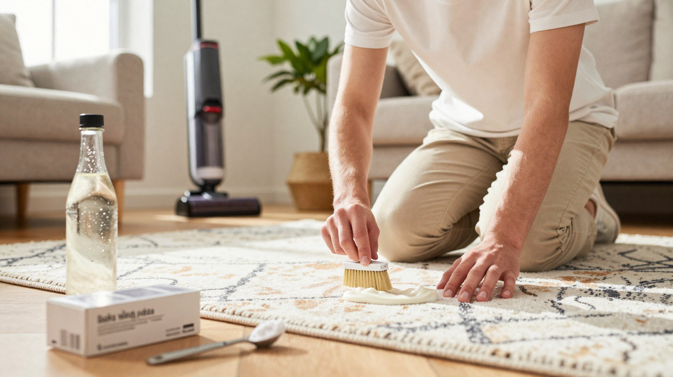 Person kneeling on floor scrubbing a cream carpet stain with a brush in a modern living room.