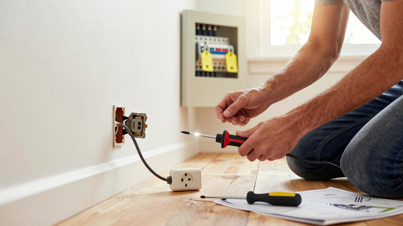 Person repairing a wall electrical outlet with a screwdriver next to an open fuse box and documents.