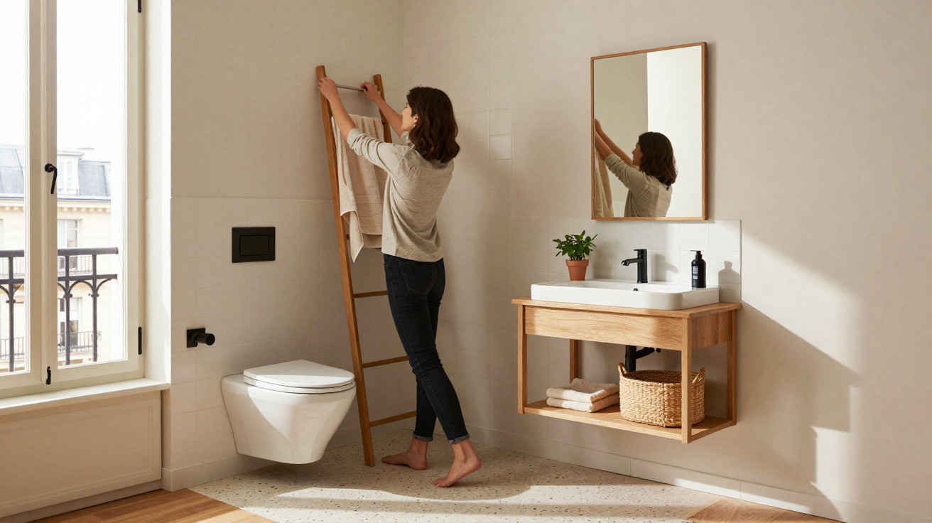 Woman hanging towels on a wooden ladder rack in a bright, modern bathroom with a wall-mounted toilet and sink.