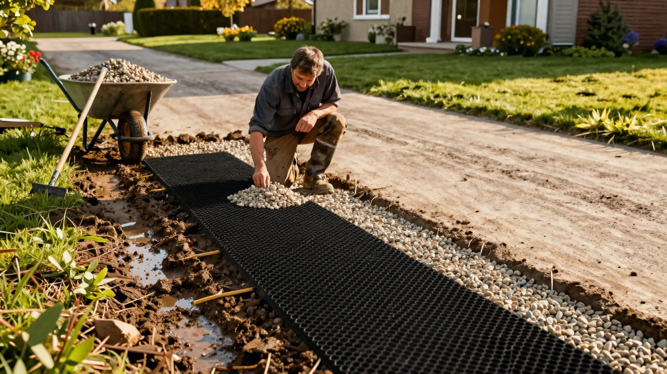 Man spreading gravel over a black grid on a driveway under construction in a residential area.