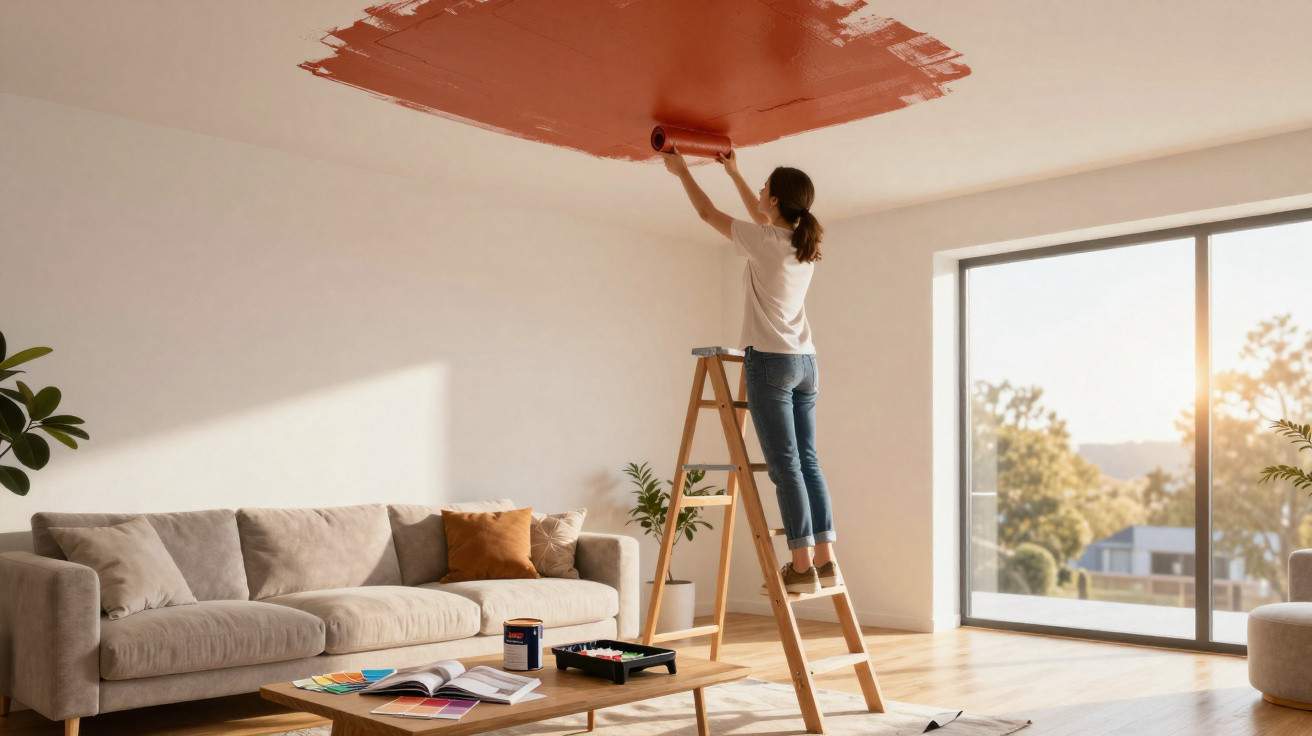 Woman painting ceiling orange standing on ladder in bright living room with large window and sofa