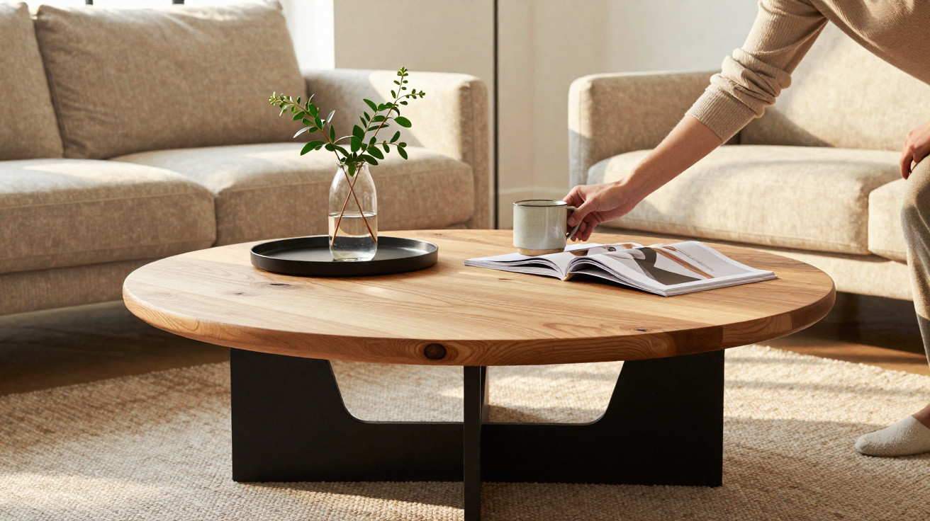 Person’s hand placing a mug on a round wooden coffee table with a magazine and vase in a modern living room.