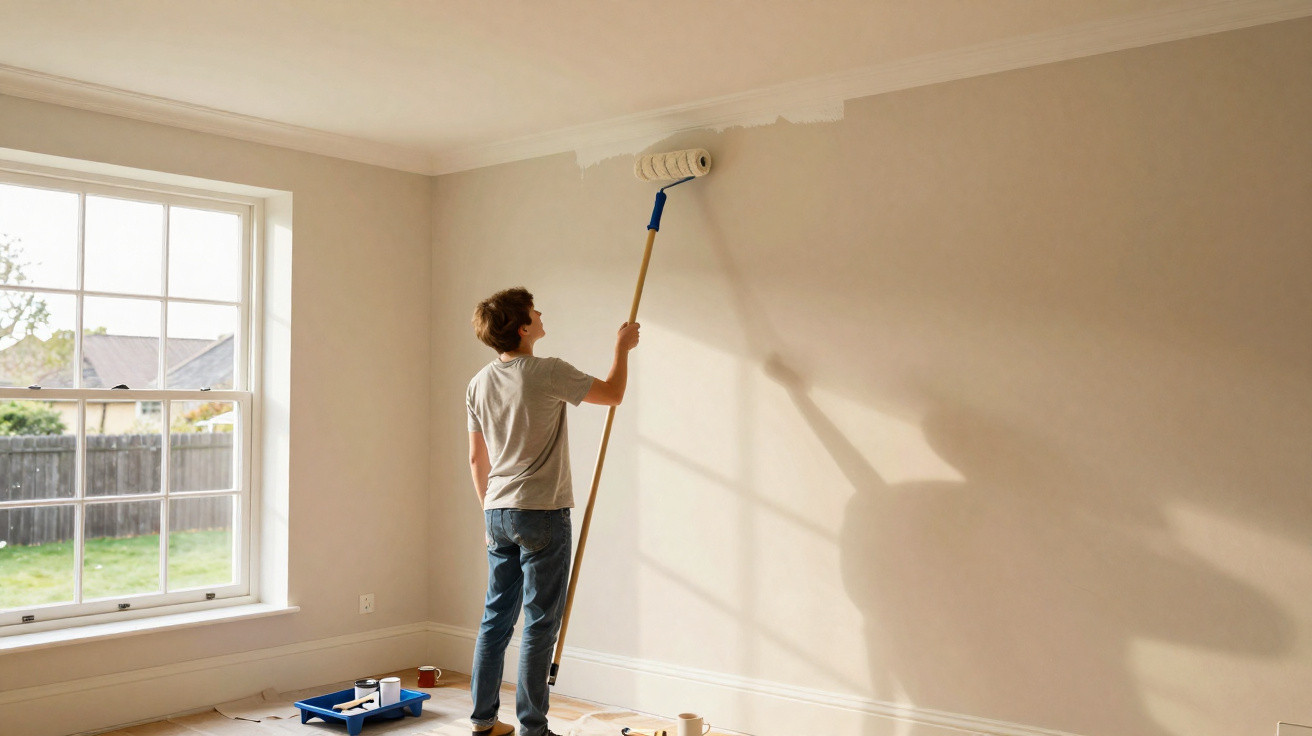 Person painting a living room wall white using a roller with natural light from a large window.