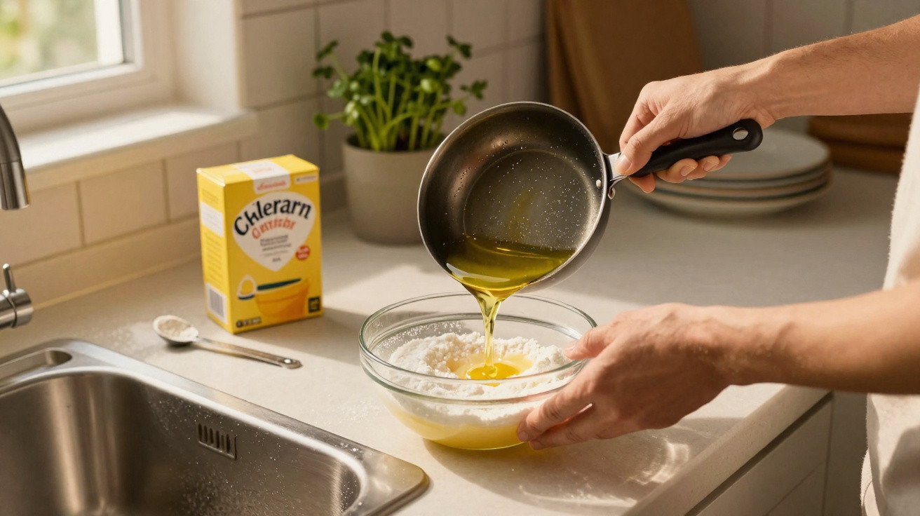 Person pouring melted butter from a pan into a bowl with flour on a kitchen counter.