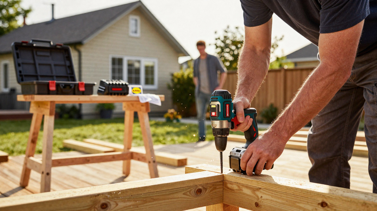 Person using cordless drill to assemble wooden frame in bright backyard with tools on workbench nearby