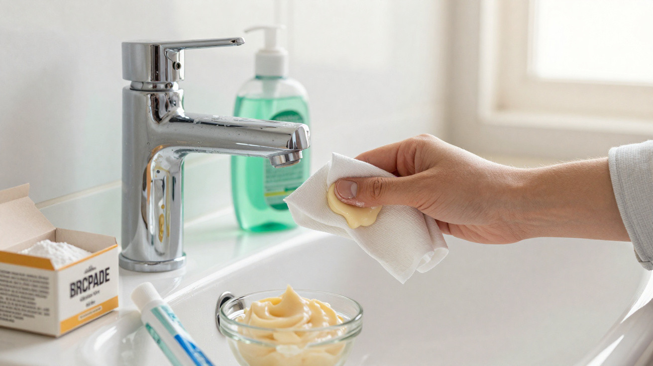 Hand holding a tissue with cream near a bathroom sink, soap dispenser, and toothpaste tube visible.