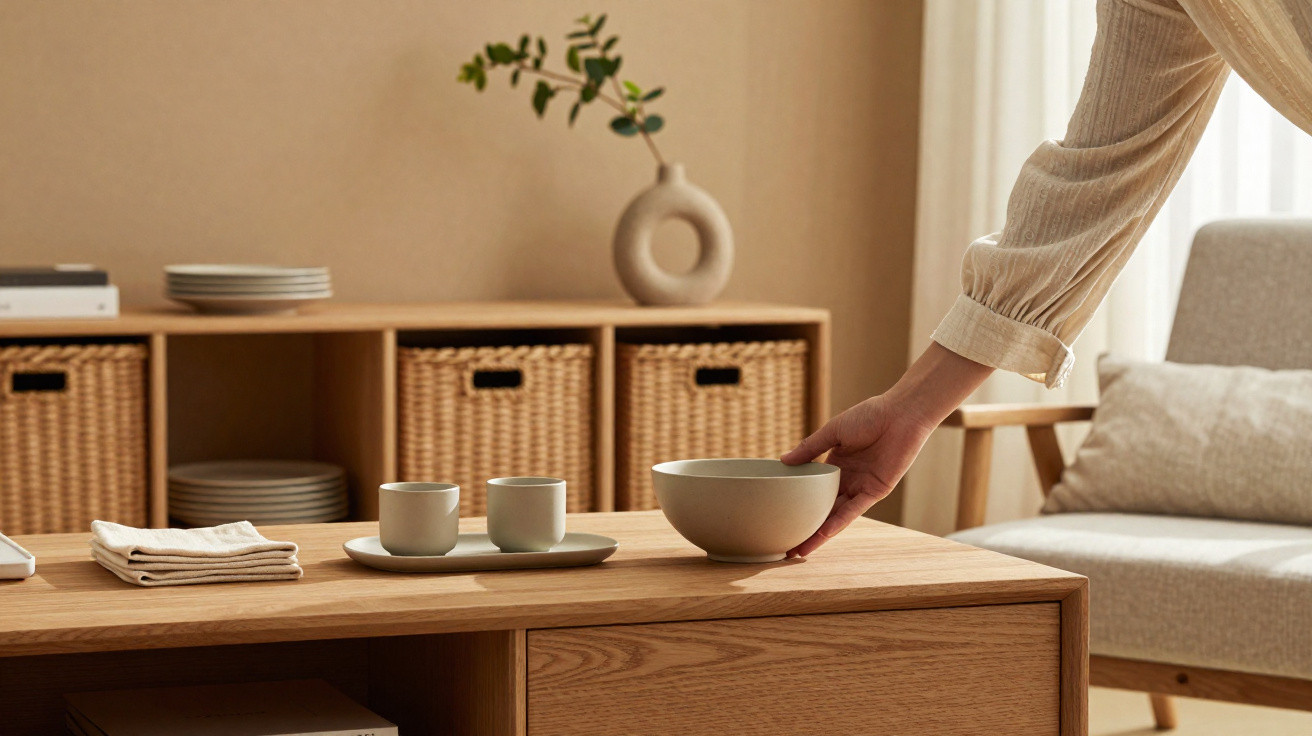 Hand reaching to place a ceramic bowl on a wooden coffee table with cups and wicker storage in a cozy living room.