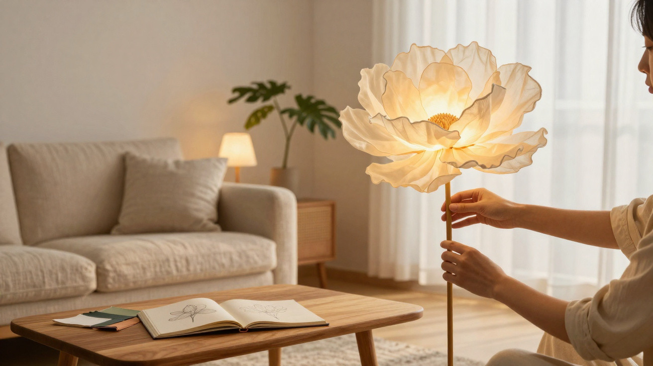 Person adjusting a large flower-shaped lamp in a beige living room with a sofa and wooden table.