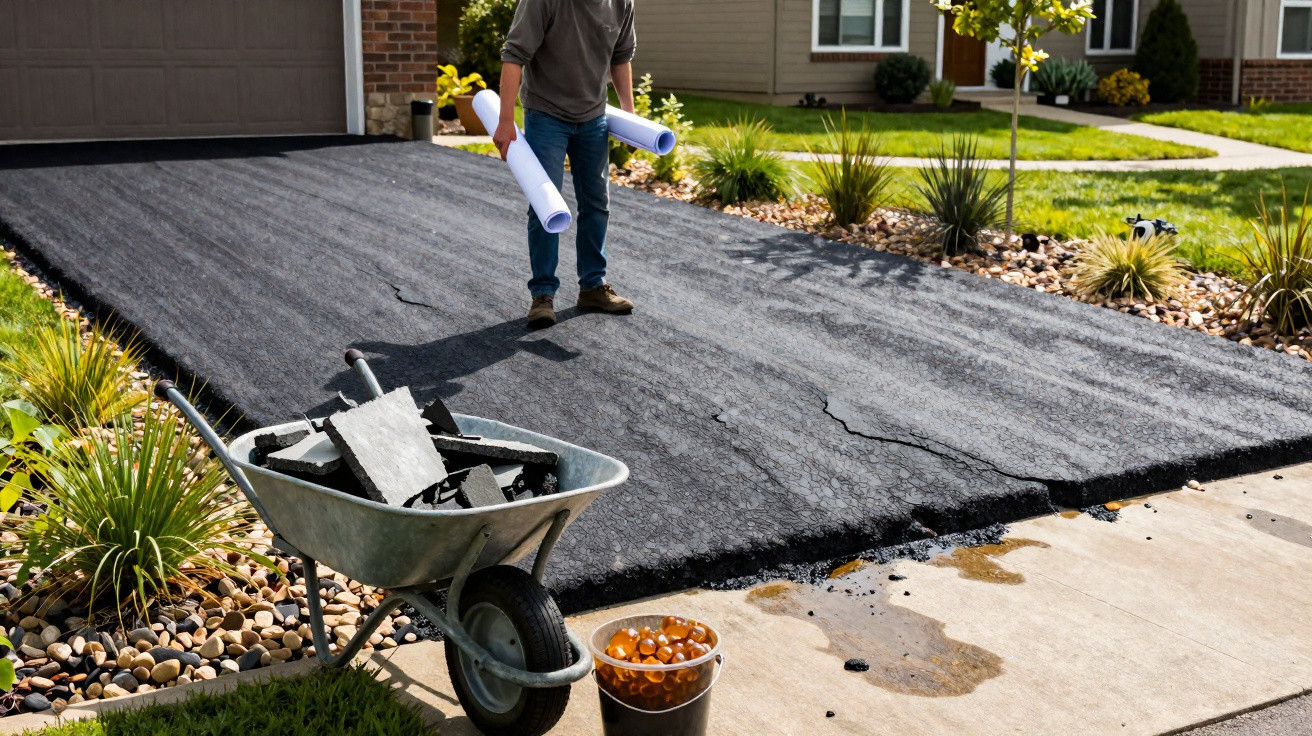 Person holding blueprints standing on a repaired asphalt driveway with a wheelbarrow and bucket nearby.