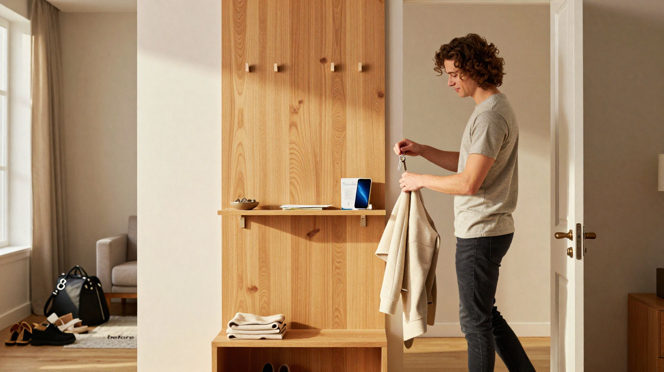 Young man hanging beige jacket on wooden coat rack in a bright, modern hallway.