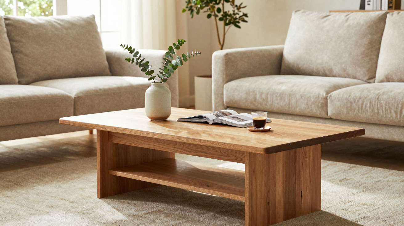 Wooden coffee table with a vase and coffee cup between two beige sofas in a bright living room.