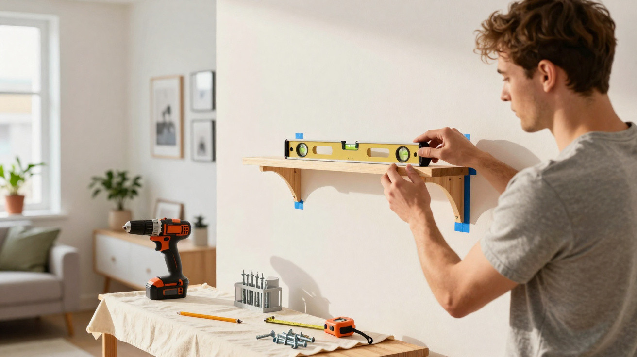 Man using a spirit level to install a wooden shelf on a white wall in a bright living room.