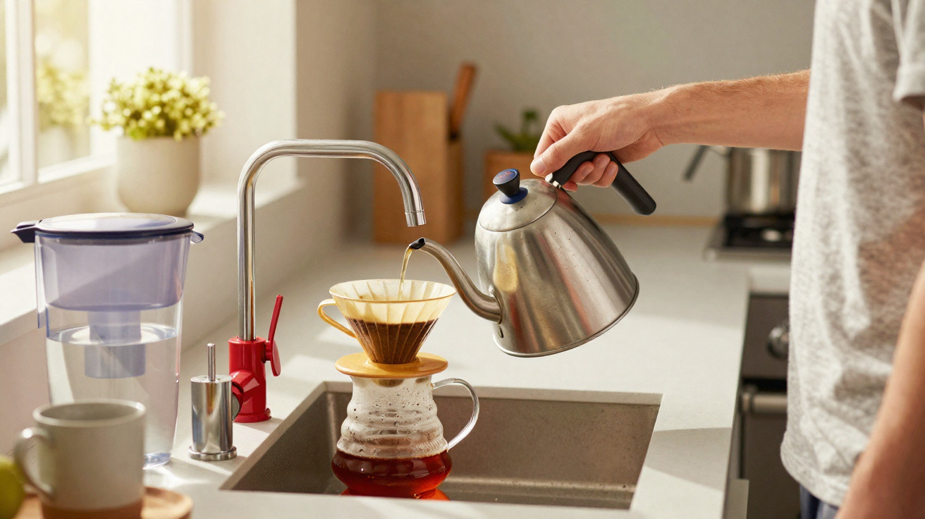Person pouring hot water from a kettle into a coffee drip filter over a glass carafe in a kitchen sink.