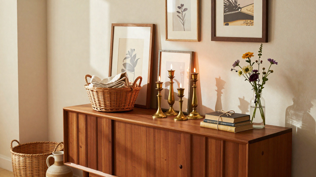 Wooden sideboard with brass candlesticks, stacked books, wicker baskets, a jug and floral artwork on a cream wall.