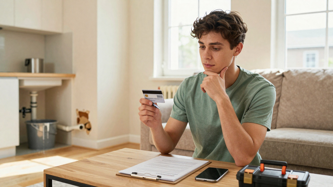 Young man sitting at table holding credit card and reviewing documents in bright living room