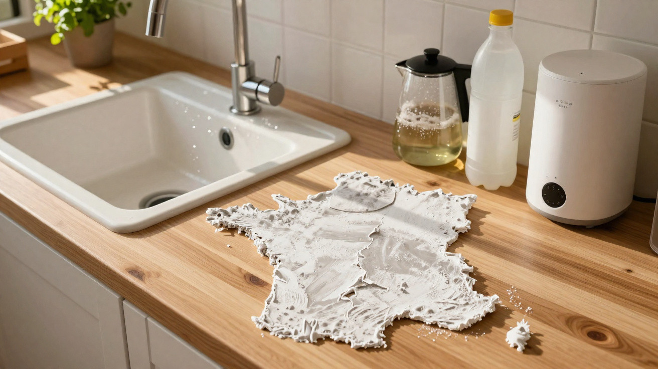 Wooden kitchen counter with spilled white powder and cleaning items beside a white sink.