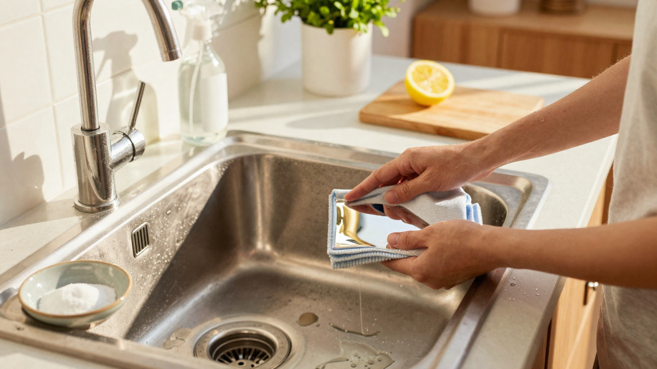 Person cleaning a reflective phone screen over a stainless steel kitchen sink with water running from the tap.