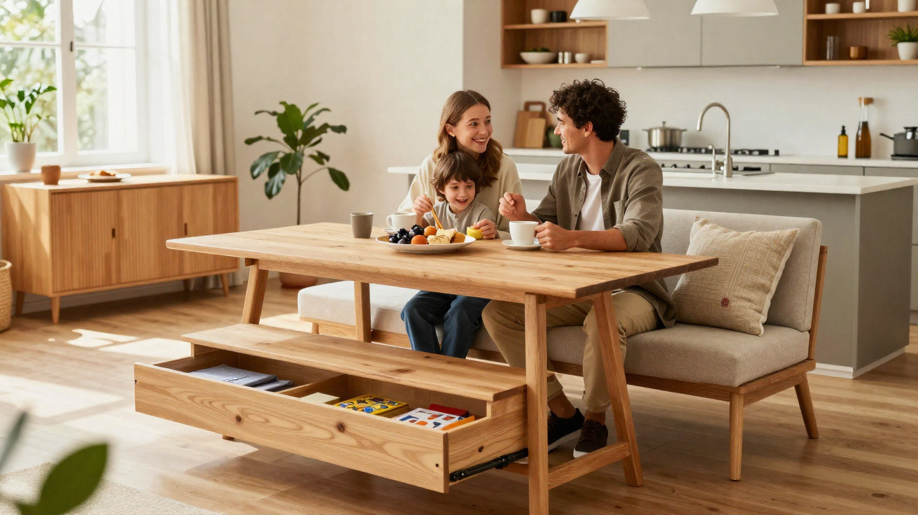 Family of three smiling and sitting at a wooden dining table in a bright, modern kitchen with storage drawer open.