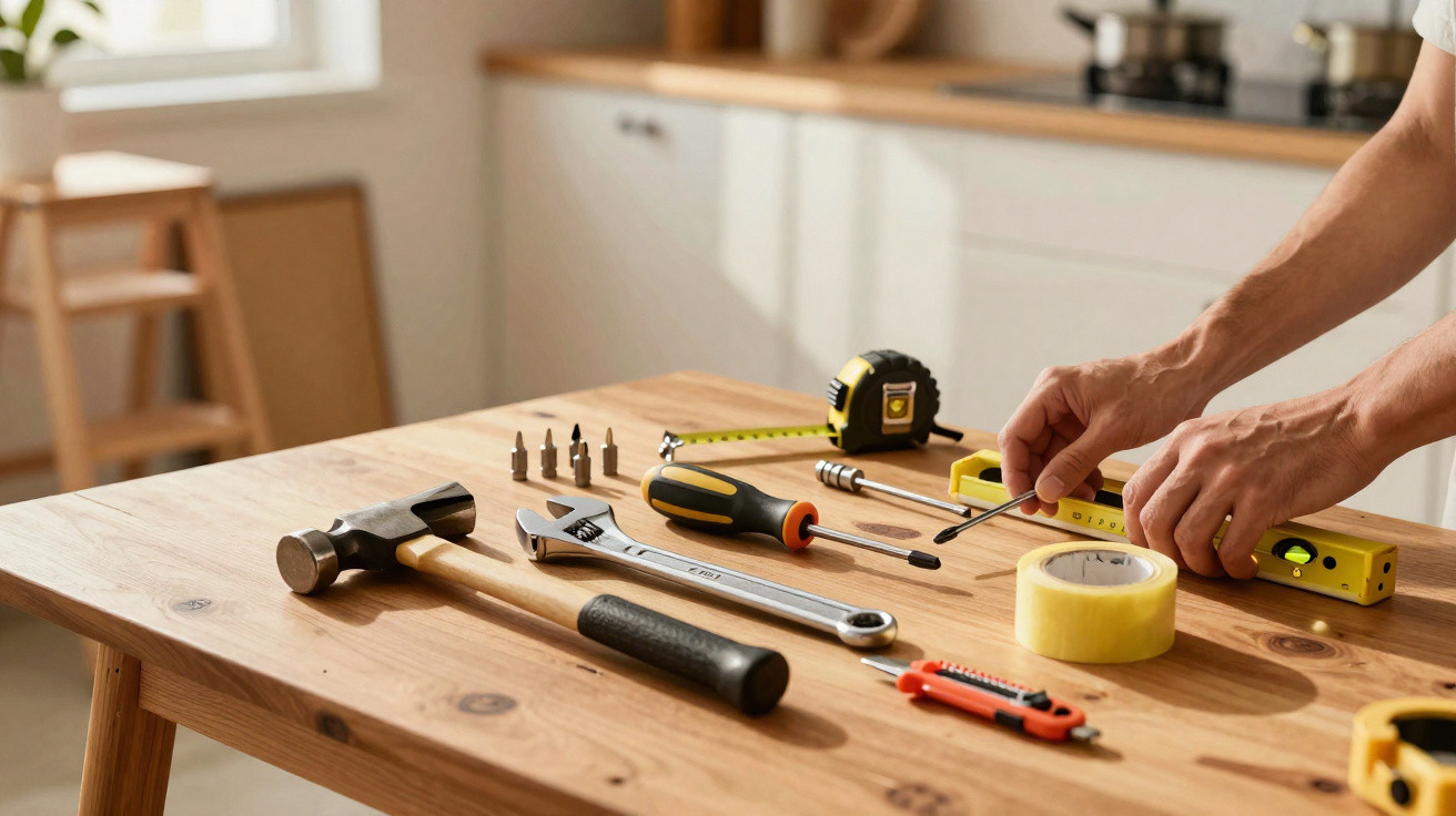 Hands measuring with a spirit level on a wooden table with various tools including a hammer and screwdriver bits.