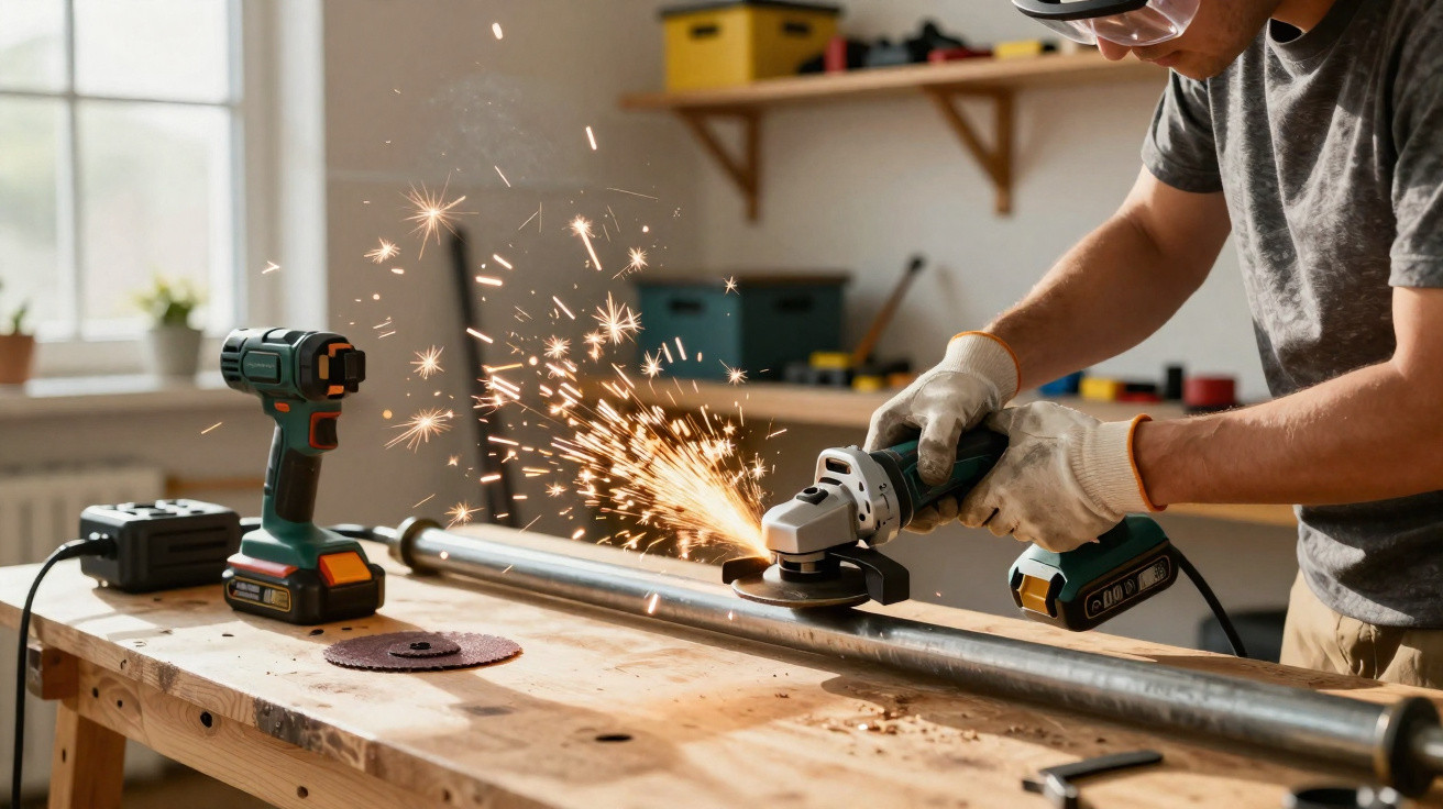 Person using an angle grinder producing sparks while working on a metal pipe in a workshop.
